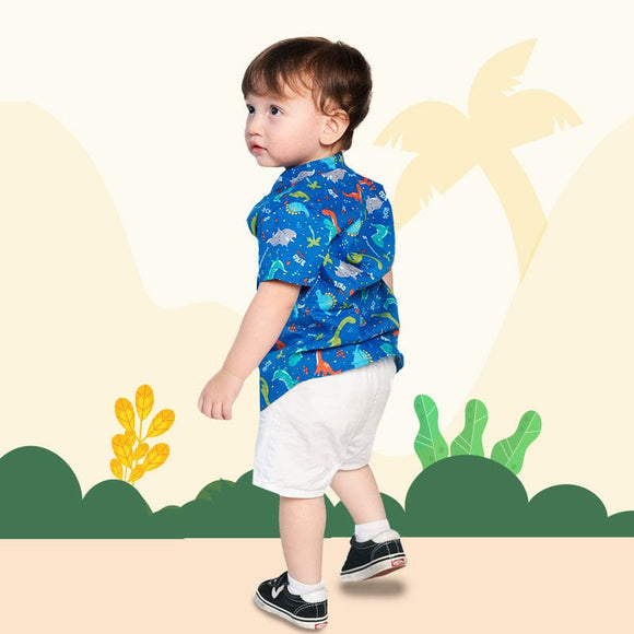 Mandarin Collar Boy Shirt - Stegosaurus Dino (Blue)
