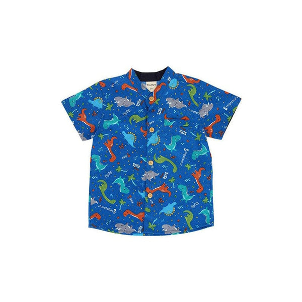 Mandarin Collar Boy Shirt - Stegosaurus Dino (Blue)