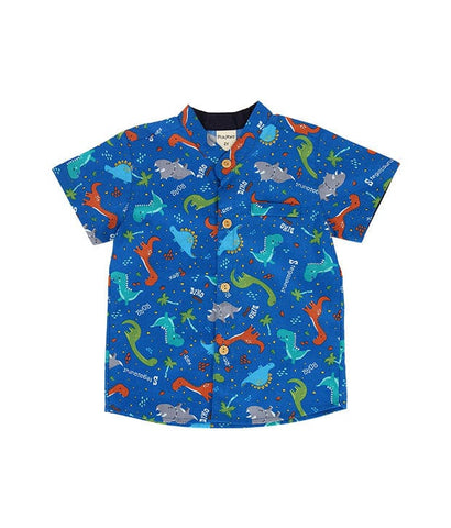 Mandarin Collar Shirt - Stegosaurus Dino (Blue)