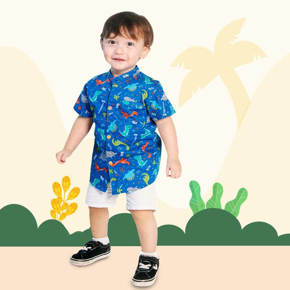 Mandarin Collar Boy Shirt - Stegosaurus Dino (Blue)