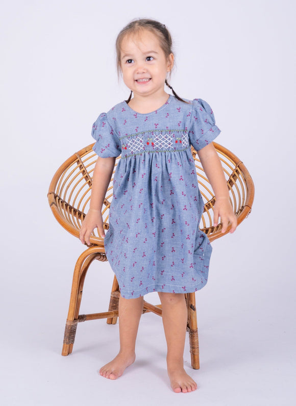 Sweet Cherries Denim Baby Smocked Dress