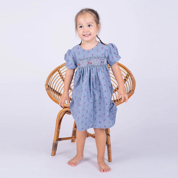 Sweet Cherries Denim Baby Smocked Dress