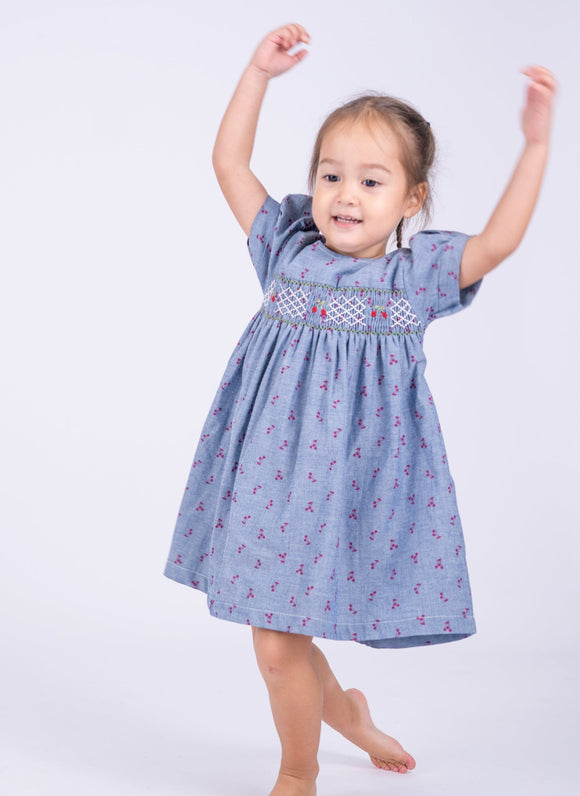Sweet Cherries Denim Baby Smocked Dress