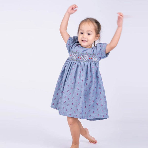 Sweet Cherries Denim Baby Smocked Dress