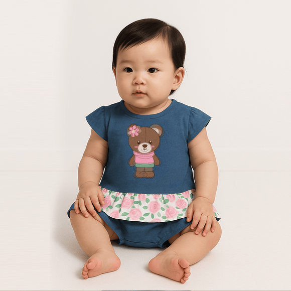 Sweet Teddy Bear Baby Girl Denim Cotton Onesie