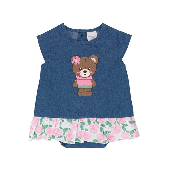 Sweet Teddy Bear Baby Girl Denim Cotton Onesie