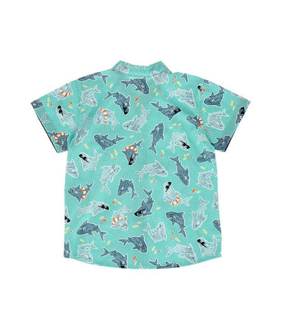 Mandarin Collar Shirt - Swimming Cool Sharks (Aqua Blue)