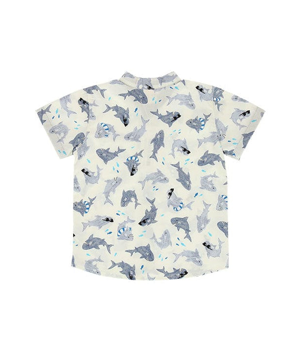 Mandarin Collar Shirt - Swimming Cool Sharks (White)