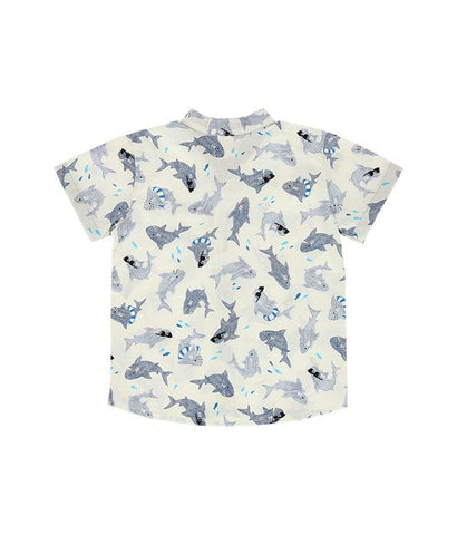 Mandarin Collar Shirt - Swimming Cool Sharks (White)