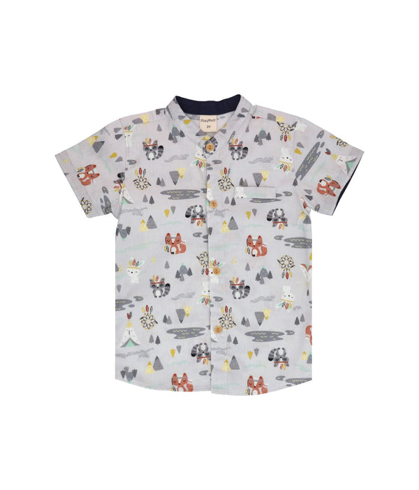 Mandarin Collar Shirt - Tribal Racoons (Grey)