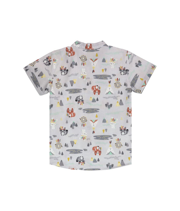 Mandarin Collar Shirt - Tribal Racoons (Grey)