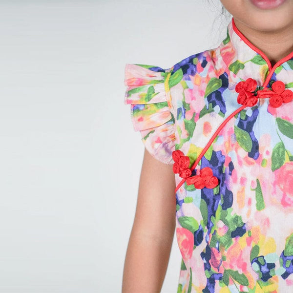 Water painting Flower Qipao with Ruffle Sleeve