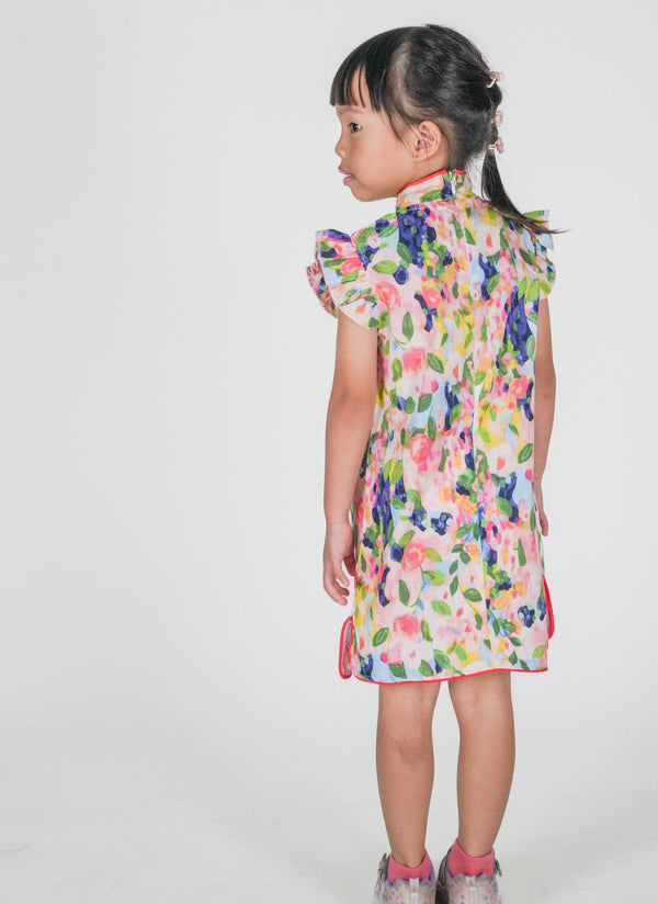 Water painting Flower Qipao with Ruffle Sleeve