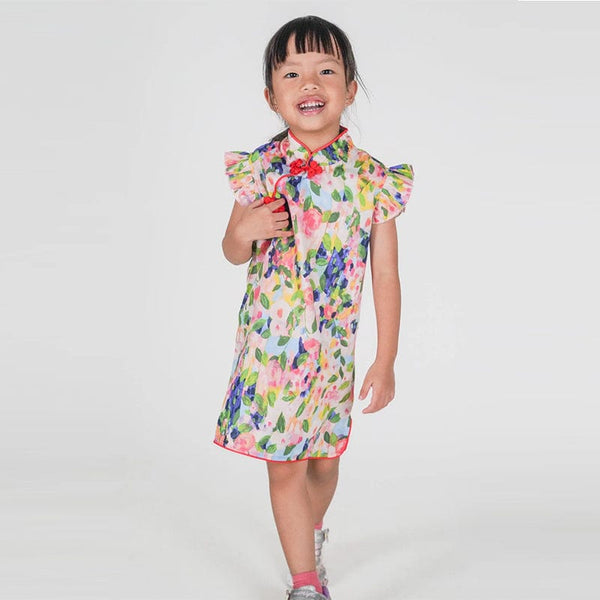 Water painting Flower Qipao with Ruffle Sleeve