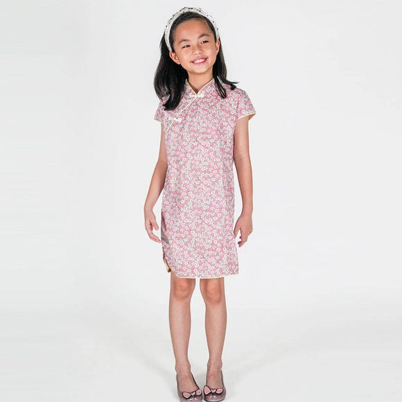 Ditsy White Blooms Pink Qipao