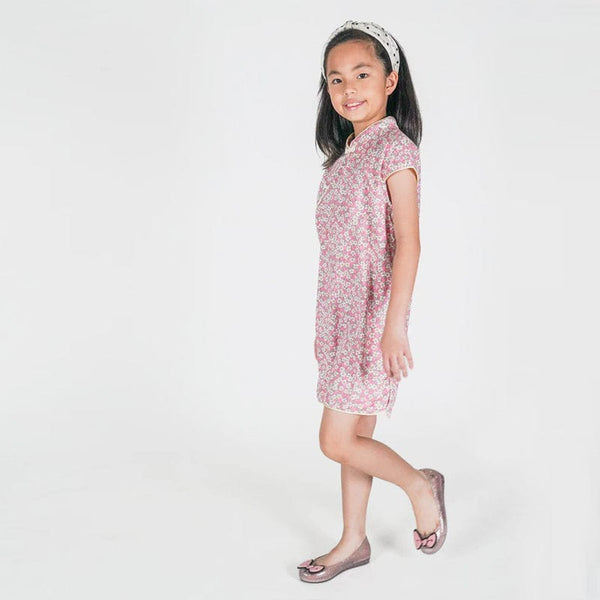 Ditsy White Blooms Pink Qipao