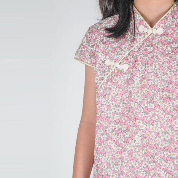 Ditsy White Blooms Pink Qipao