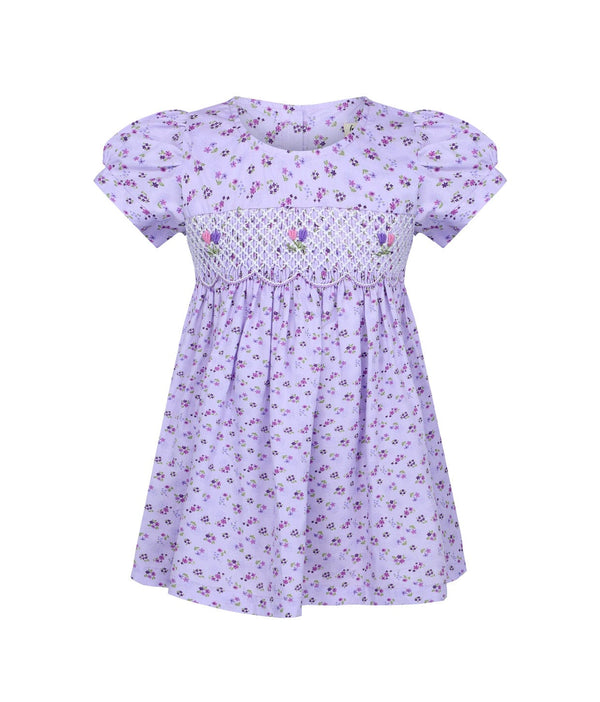 Zariah Tiny Purple Flowers Baby Doll Smocked Dress