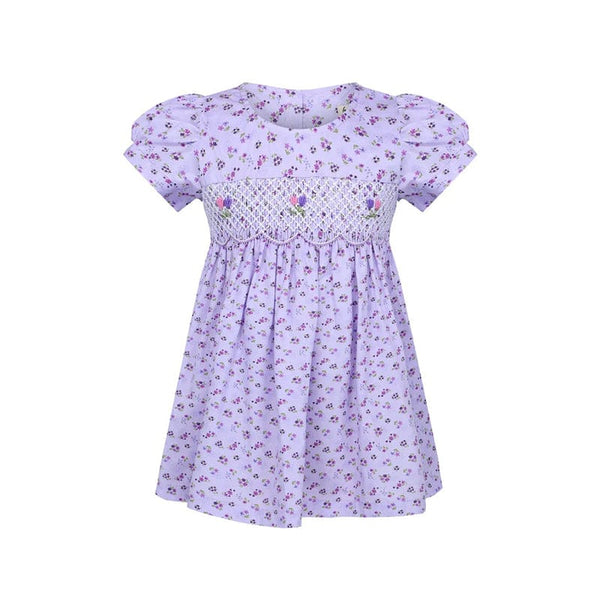 Zariah Tiny Purple Flowers Baby Doll Smocked Dress
