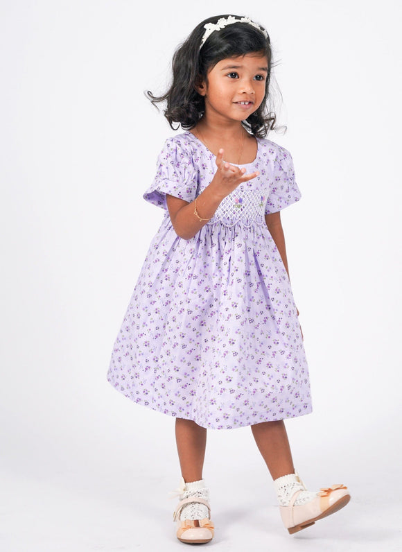 Zariah Tiny Purple Flowers Baby Doll Smocked Dress