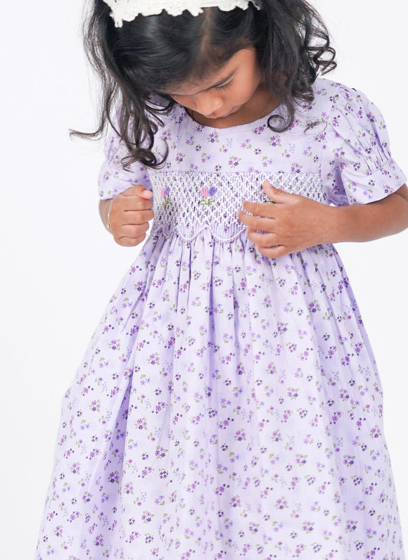 Zariah Tiny Purple Flowers Baby Doll Smocked Dress