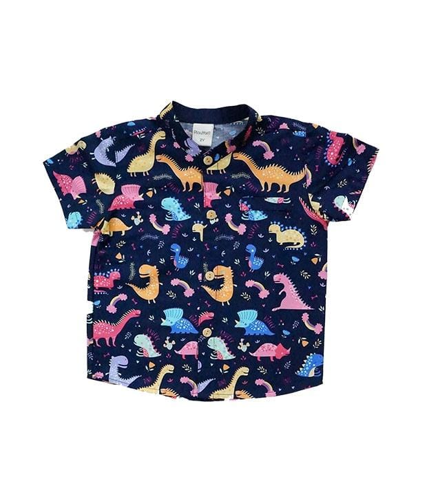 Mandarin Collar Shirt - Dino & Rainbow (Navy)
