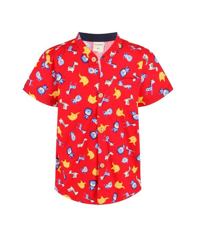 Mandarin Collar Shirt - Animals (Red)