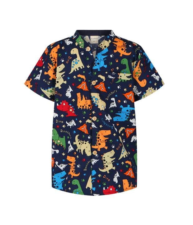 Mandarin Collar Shirt - Cartoon Dino (Navy)