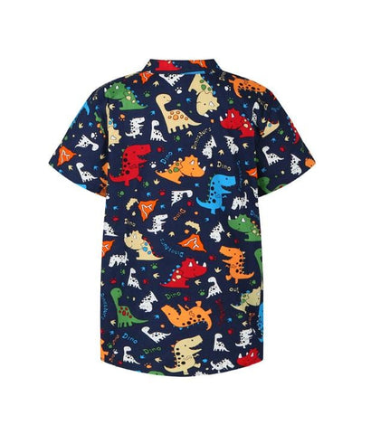 Mandarin Collar Shirt - Cartoon Dino (Navy)