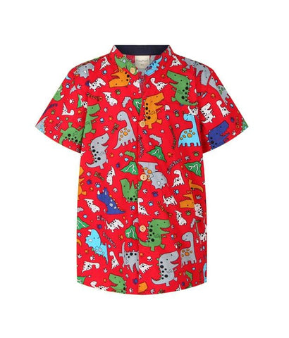 Mandarin Collar Shirt - Cartoon Dino (Red)