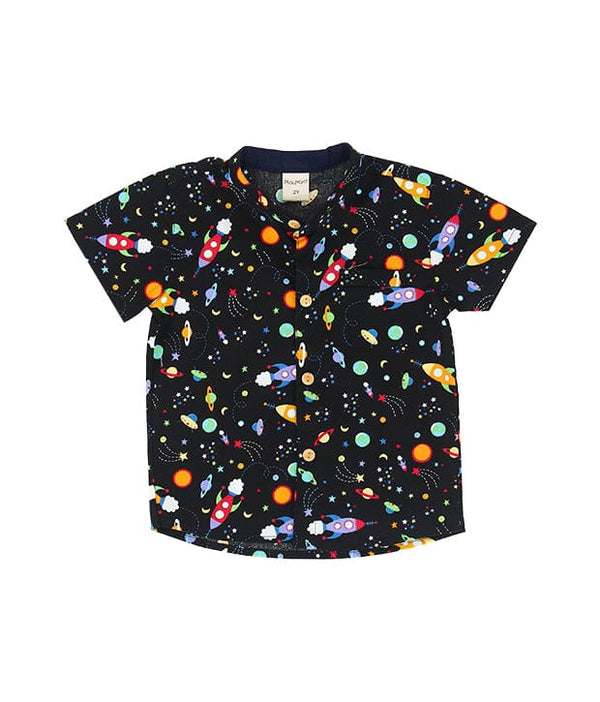 Mandarin Collar Shirt - Colourful Spaceship (Black)