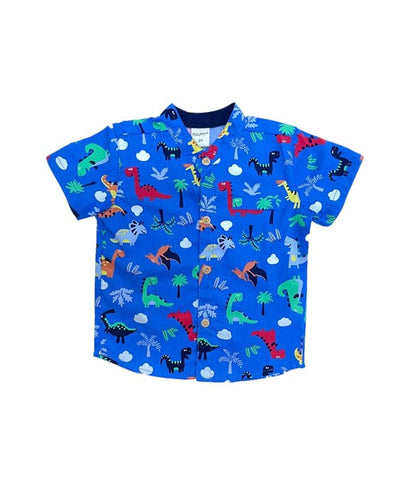 Mandarin Collar Shirt - Colourful Dino (Blue)