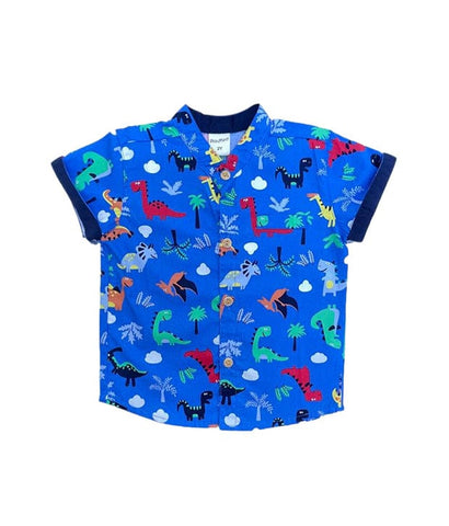 Mandarin Collar Shirt - Colourful Dino (Blue)
