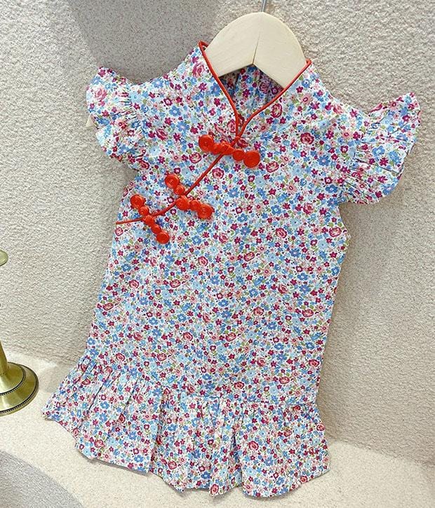 Colourful Ditsy Flower Cheongsam with Ruffle Sleeves
