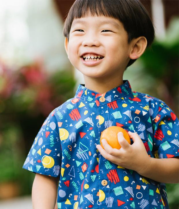 Mandarin Collar Shirt - Colourful Shapes (Blue)
