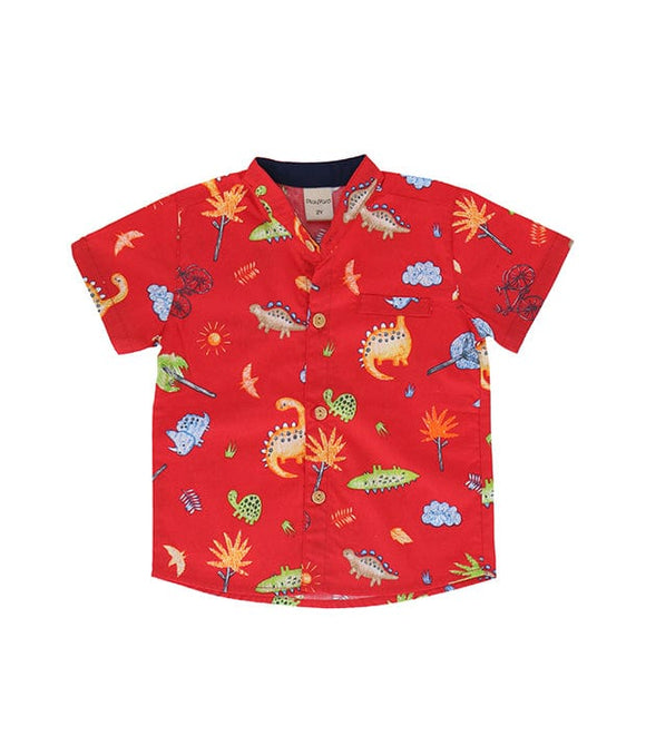 Mandarin Collar Shirt - Dino & Bike Drawing (Red)