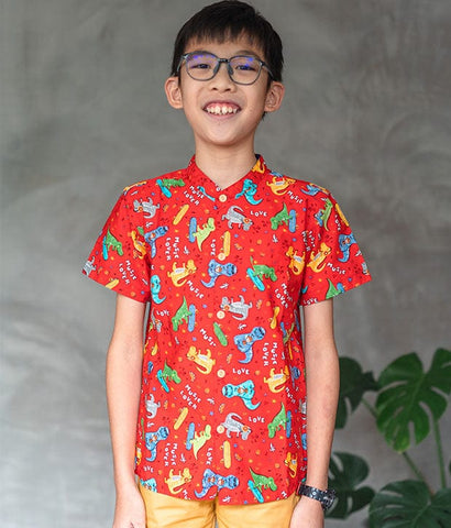 Mandarin Collar Shirt - Music Lover Dino (Red)