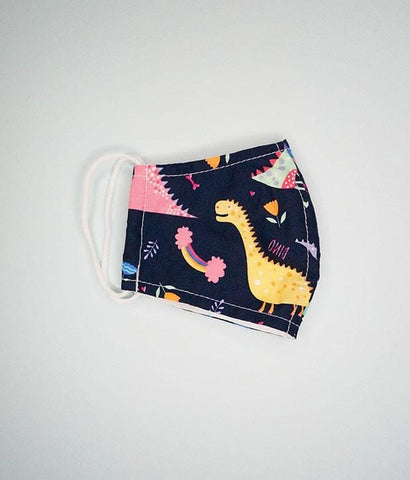 Reusable Kid's Fabric Face Mask With Filter Slot - Dino & Rainbow (Navy)