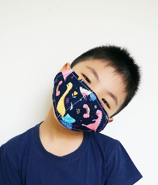 Reusable Kid's Fabric Face Mask With Filter Slot - Dino & Rainbow (Navy)