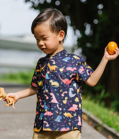 Mandarin Collar Shirt - Dino & Rainbow (Navy)