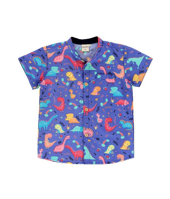 Mandarin Collar Shirt - Dino & Rainbow (Cornflower)