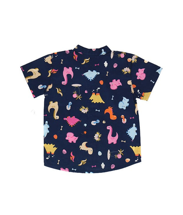 Mandarin Collar Shirt - Dino & Volcano (Navy)
