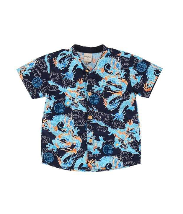 Mandarin Collar Shirt - Celestial Prosperity Dragon (Blue)
