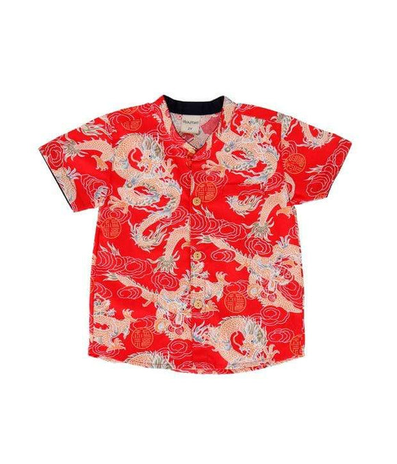 Mandarin Collar Shirt - Celestial Prosperity Dragon (Red)
