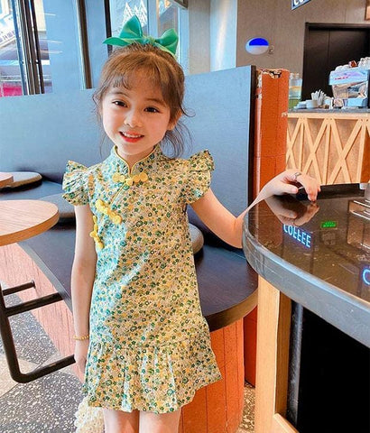 Green Mini Blooms Cheongsam with Ruffle Sleeves