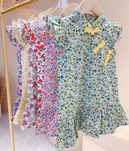 Green Mini Blooms Cheongsam with Ruffle Sleeves