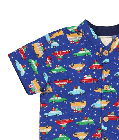 Mandarin Collar Shirt - Holiday Cars (Blue)