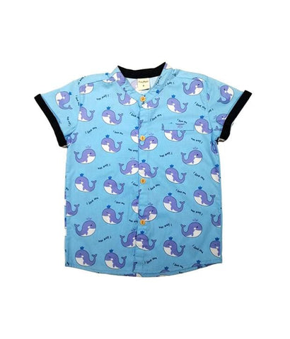 Mandarin Collar Shirt - Happy Whale (Blue)