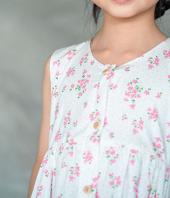 Button Down Little Pink Flower Dress (White)