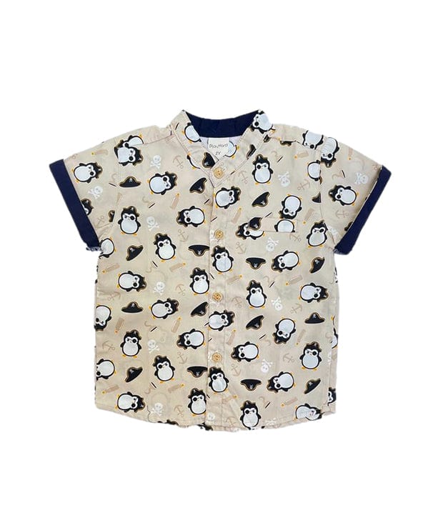 Mandarin Collar Shirt - Pirate Penguin (Beige)